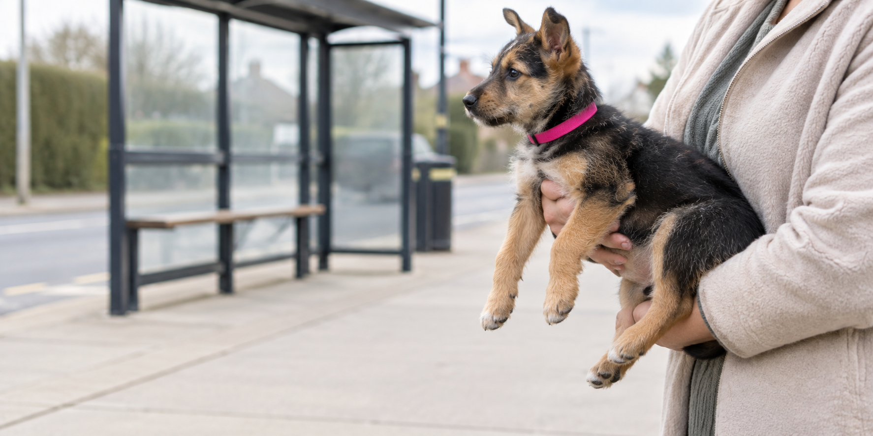 Puppy carried in both arms at a bus shelter, watching the street while the vaccine series finishes