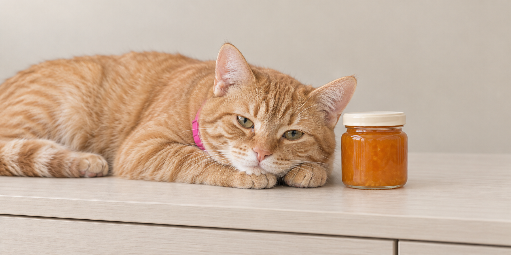 Large orange tabby boy cat resting beside an unlabeled jar of marmalade