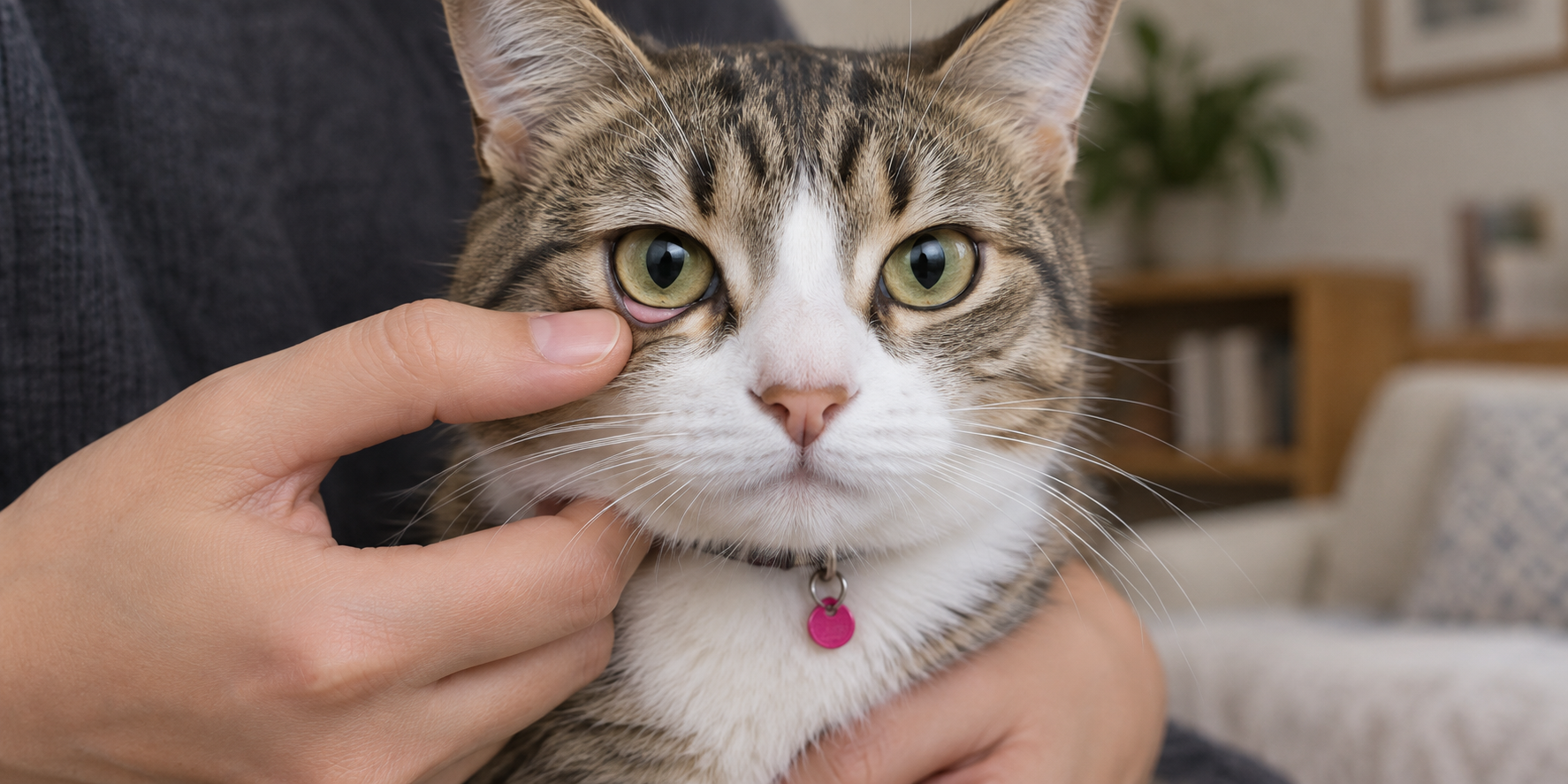Person easing a calm cat's lower eyelid down with one finger, both eyes clear and evenly lit