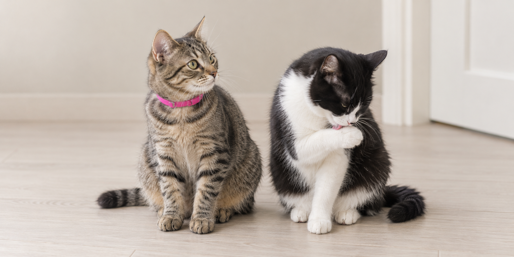 Brown tabby cat turning his ears toward his name while the cat beside him keeps licking a paw