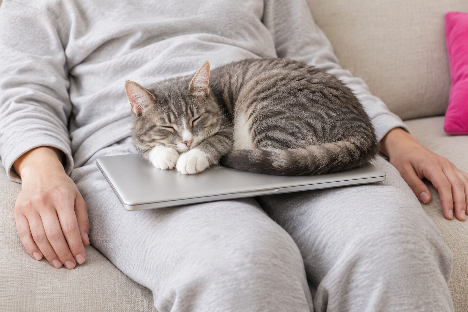 The lap was always going to win Gray tabby asleep across a person’s lap, front paws pinning a closed laptop, headline Why They Pick Your Lap