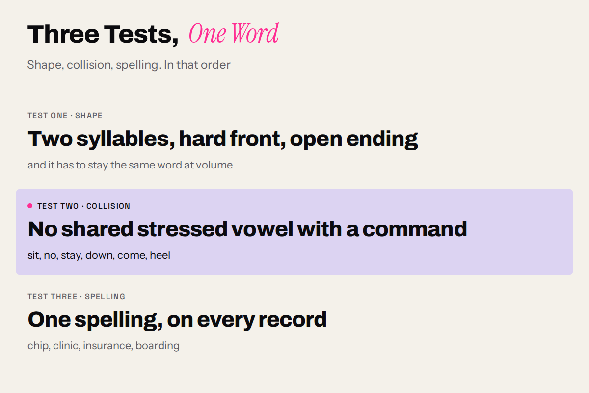 Chart of the three tests a name has to pass: shape outdoors, collision with commands, one spelling