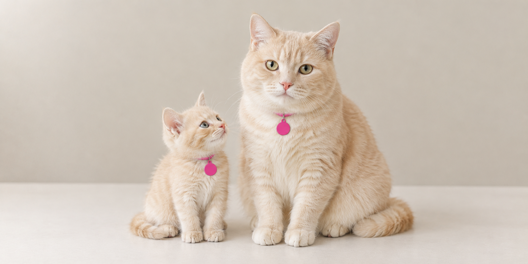 Cream kitten and adult cream cat side by side, each wearing the same blank pink name tag