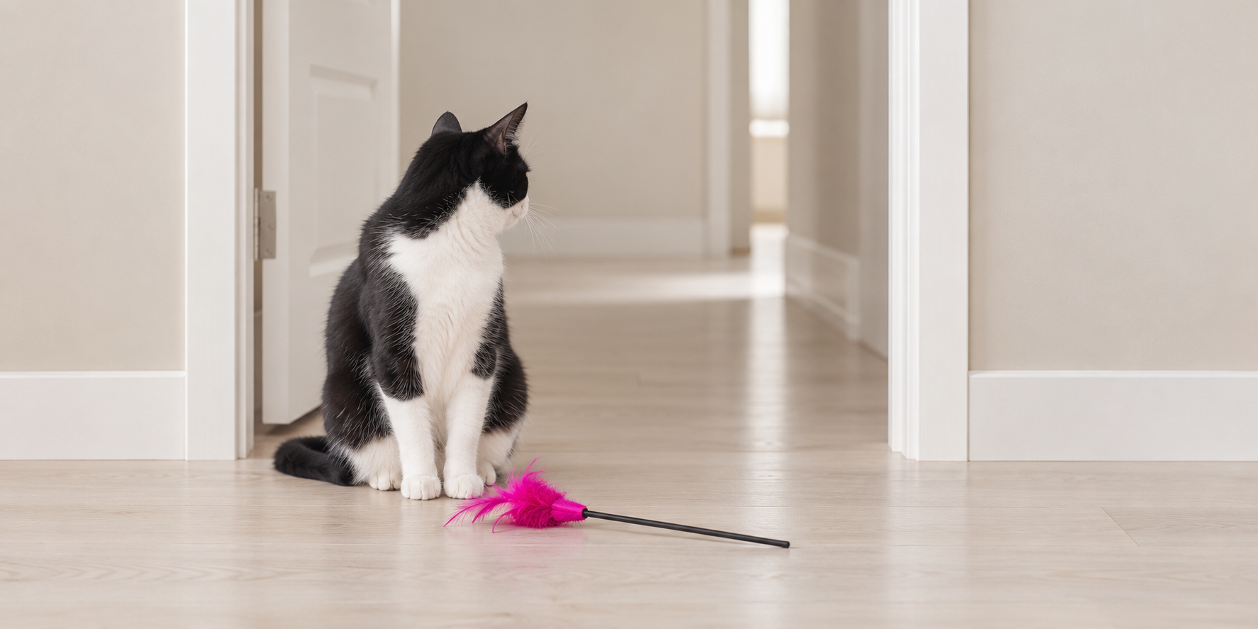 The toy can wait. The hallway cannot A cat in a doorway looking down an empty hallway, a pink feather wand toy lying untouched at its feet