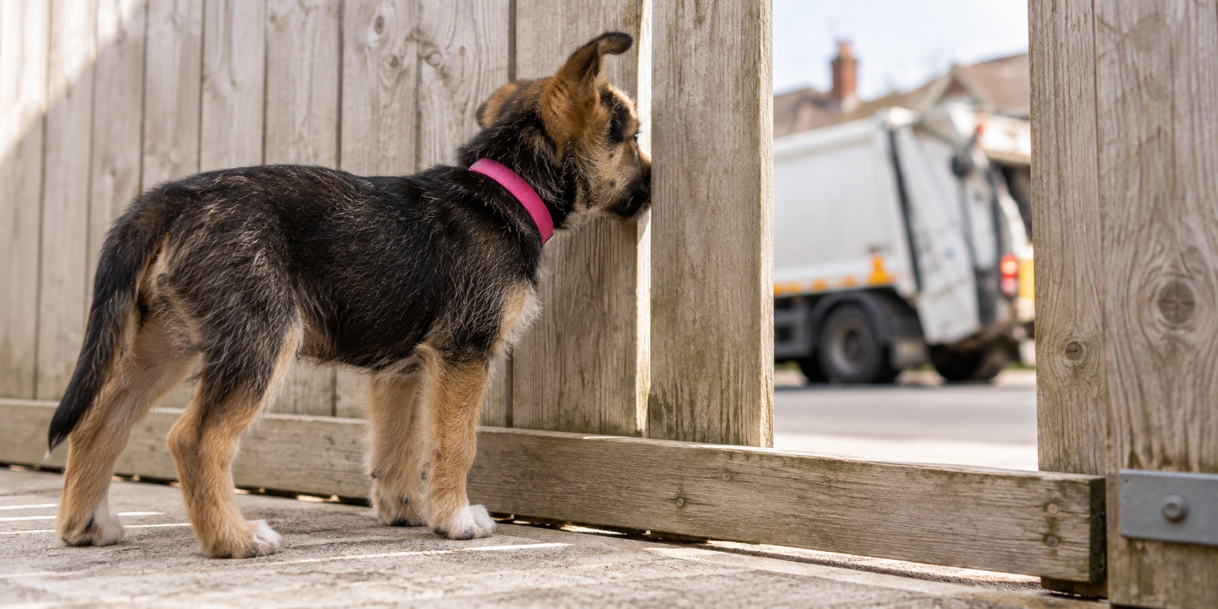 Puppy watching a garbage truck pass through the gap in a yard gate it cannot go through yet