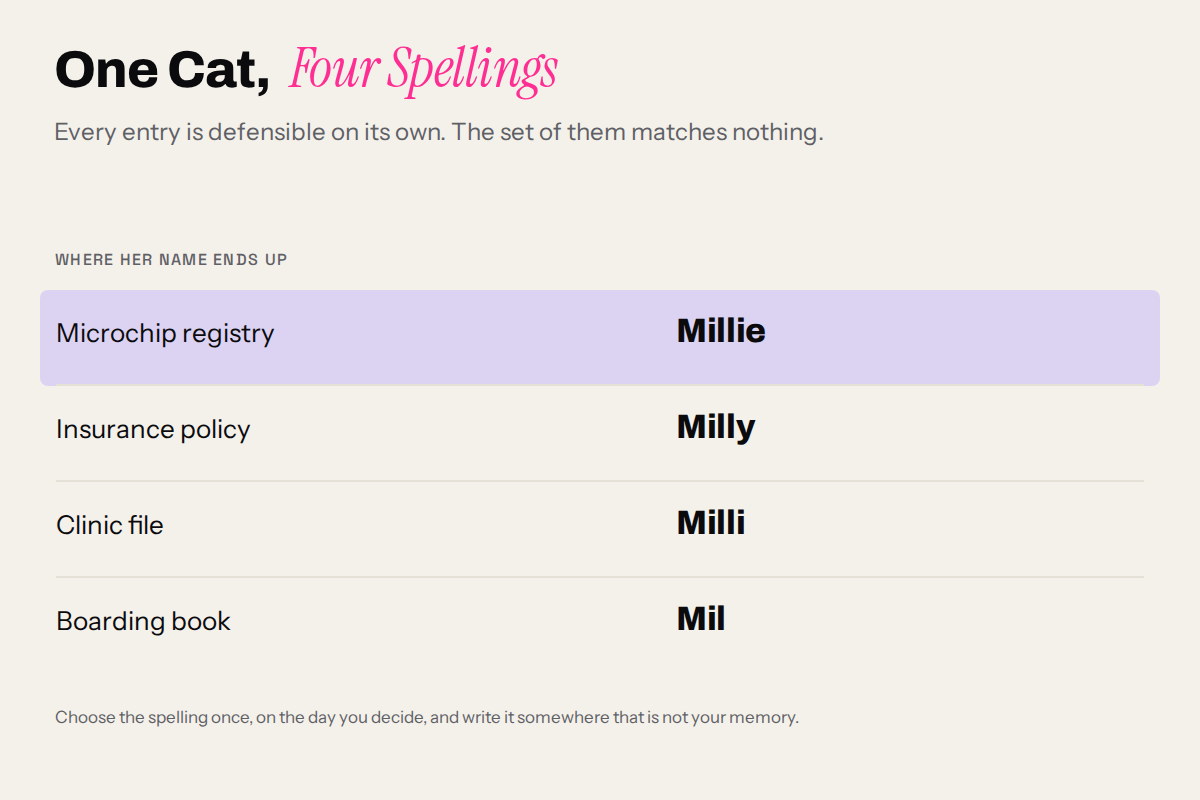 Four records for the same cat listing her name four different ways: Millie, Milly, Milli and Mil