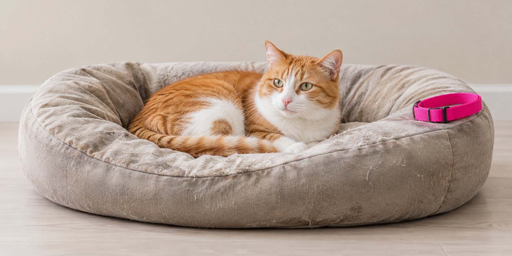 The surviving cat, in the dog's old bed A cat curled in a large, worn dog bed beside a folded pink collar
