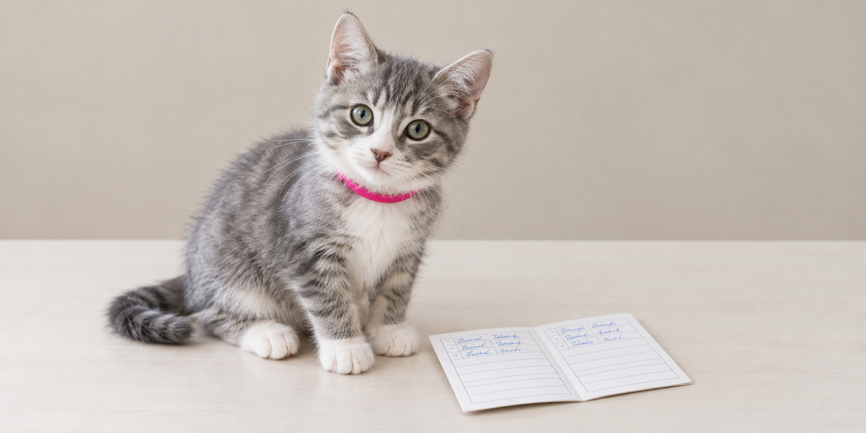 Kitten vaccines record with three rows filled in and the rest blank, a gray kitten sitting beside it
