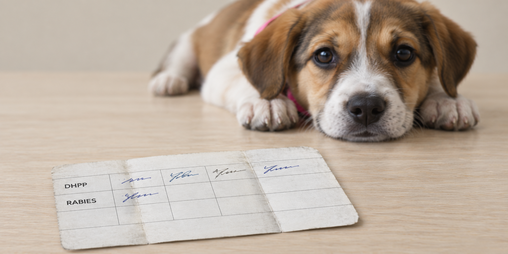 Why rabies gets its own line Puppy resting its chin on a table behind a record card with three DHPP entries and one rabies entry