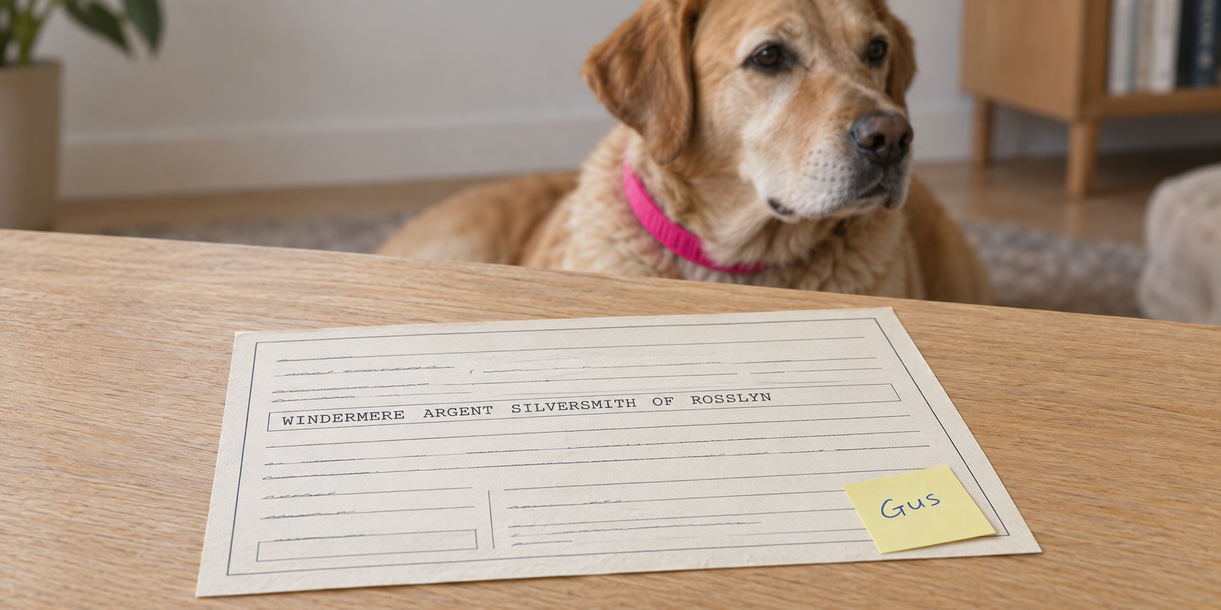 AKC registration certificate with the breeder's kennel name bracketed at the front, beside a sticky note of the call name