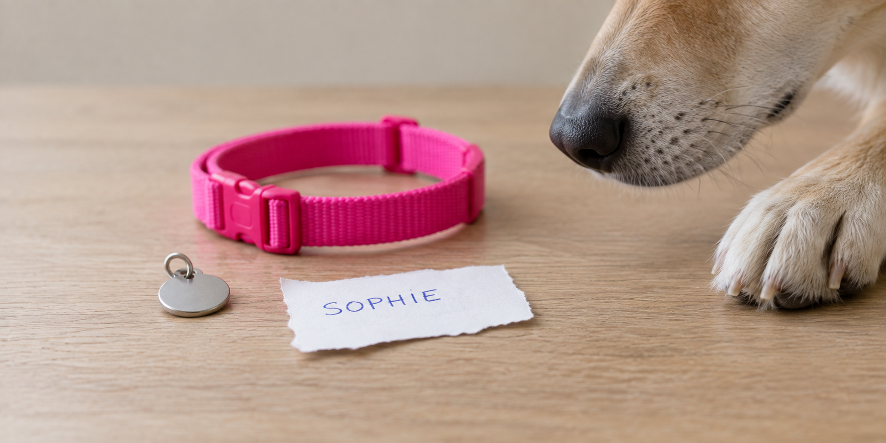 Name written once in ballpoint on a scrap of paper beside a blank collar tag, dog muzzle at the edge