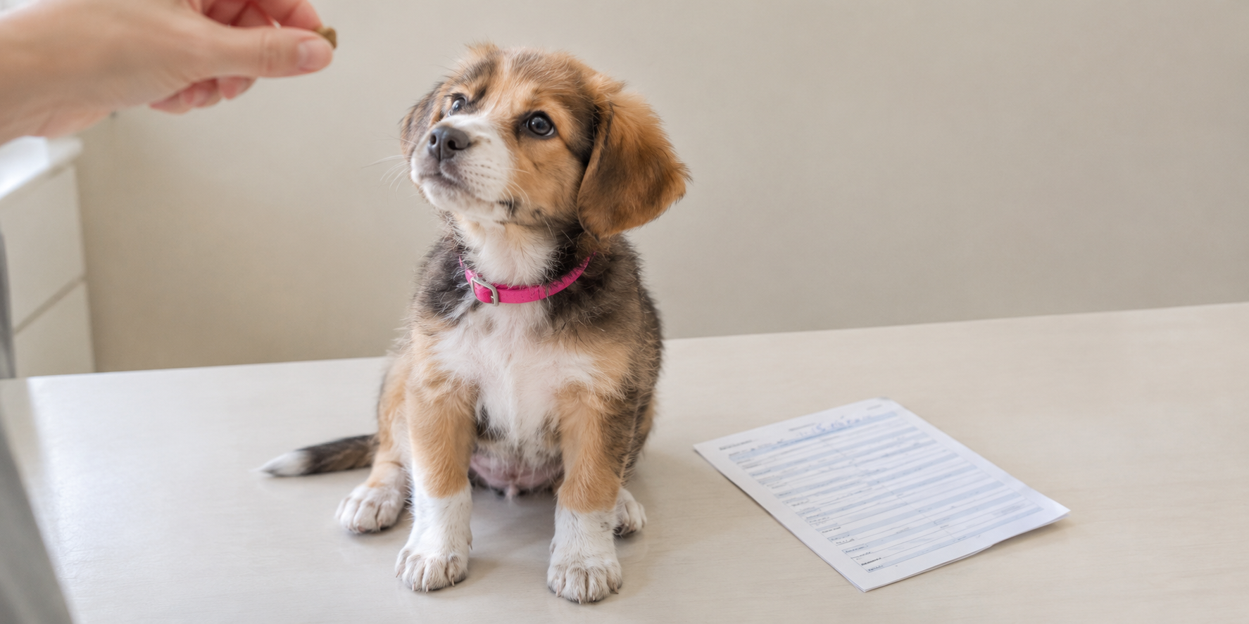 First rabies dose given, protection 28 days later Puppy on a pale exam table beside a rabies certificate with only the first line filled in
