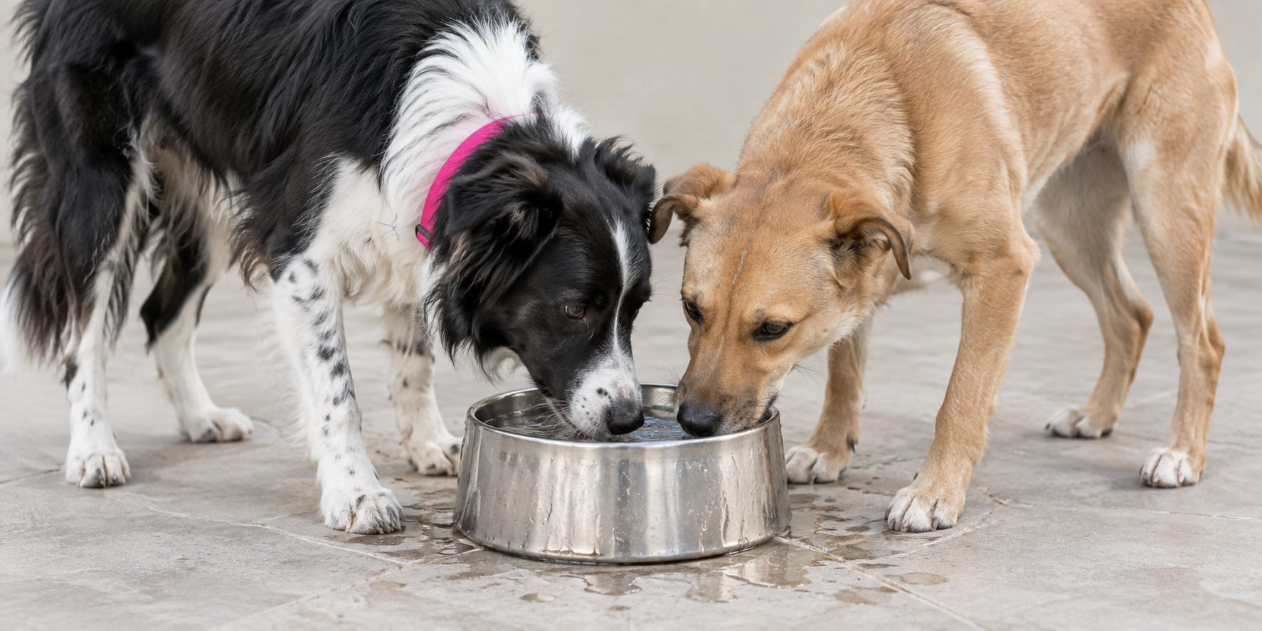 Two dogs drinking from one shared water bowl on a patio, headline Who Needs It, Social Dogs