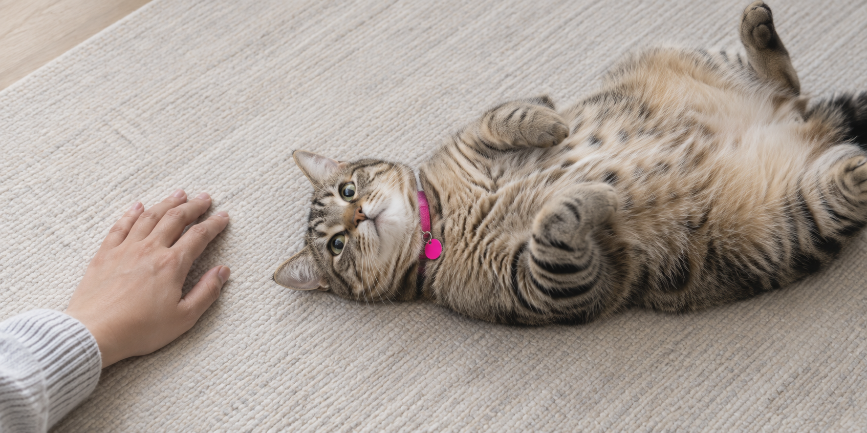 Cat lying on its back on a rug, belly exposed, a person's hand resting nearby and not touching