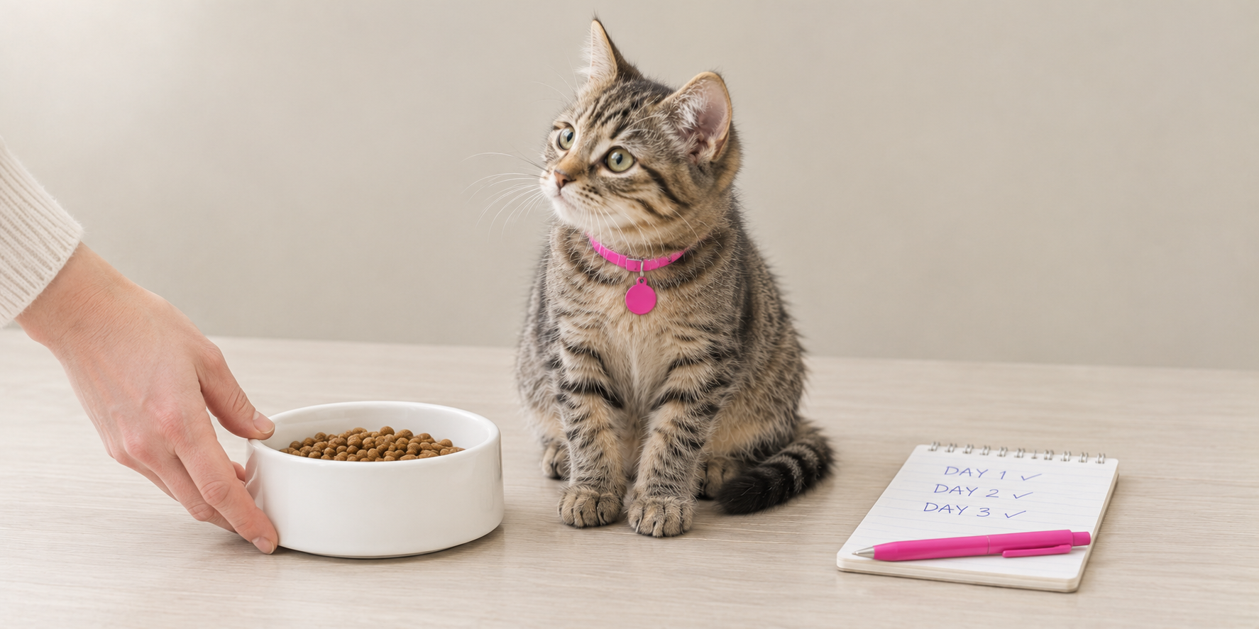 Tabby cat turning his ears toward the owner at mealtime beside a three-day name test notepad