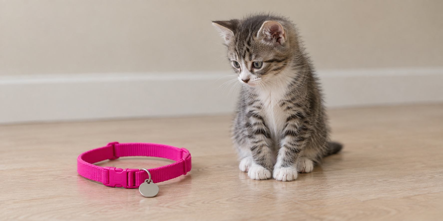 Accurate in October, wrong by spring Kitten sitting beside a full size adult cat collar that is far too big for her to wear yet