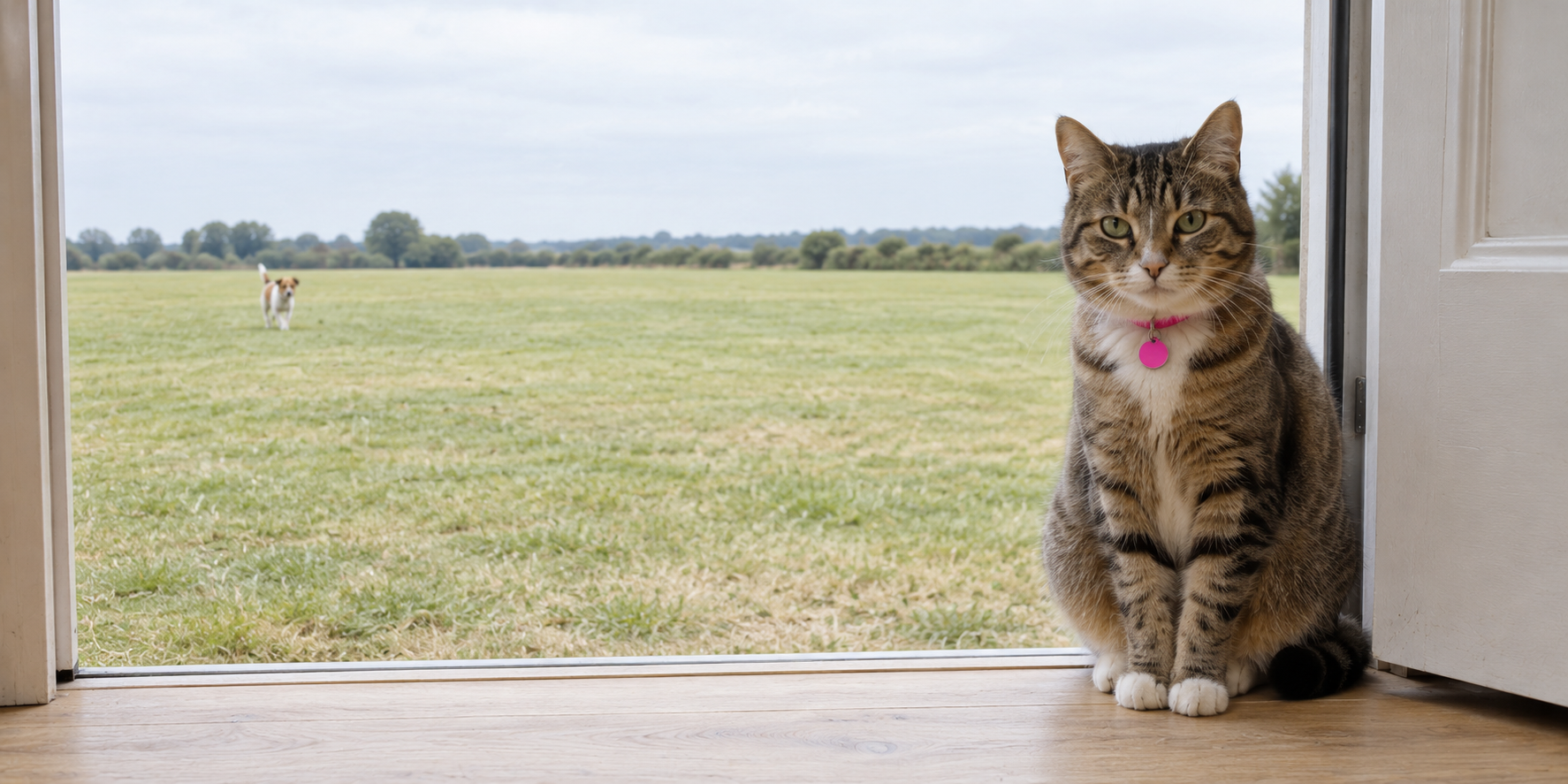 A dog photographed small across open ground beside a cat photographed close in a doorway, showing the difference in distance