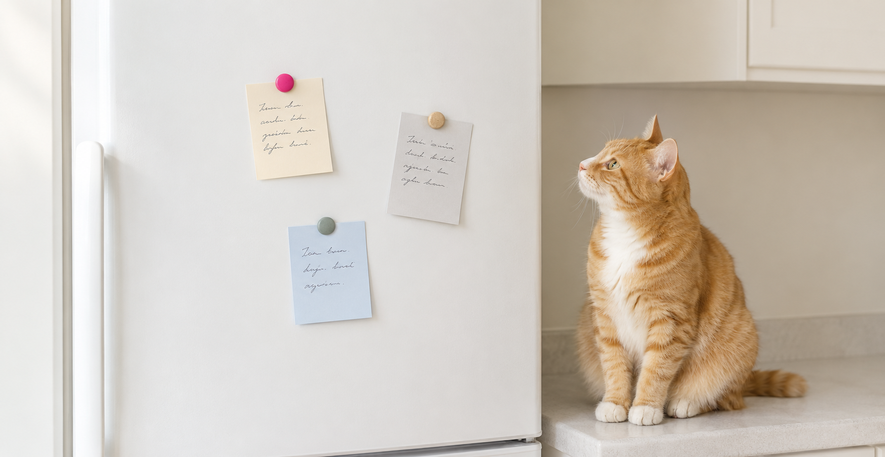 Orange tabby cat on a kitchen counter looking up at three reminder cards held on a fridge by magnets