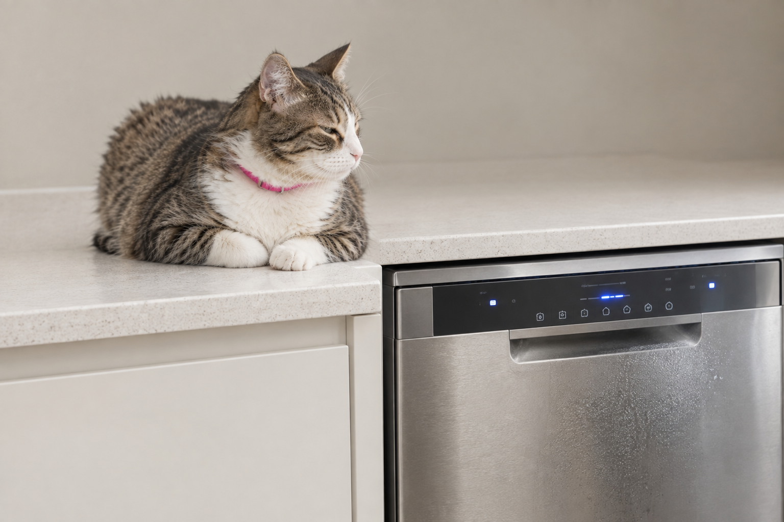 A cat settled on a kitchen counter directly beside a running dishwasher, entirely unbothered by it