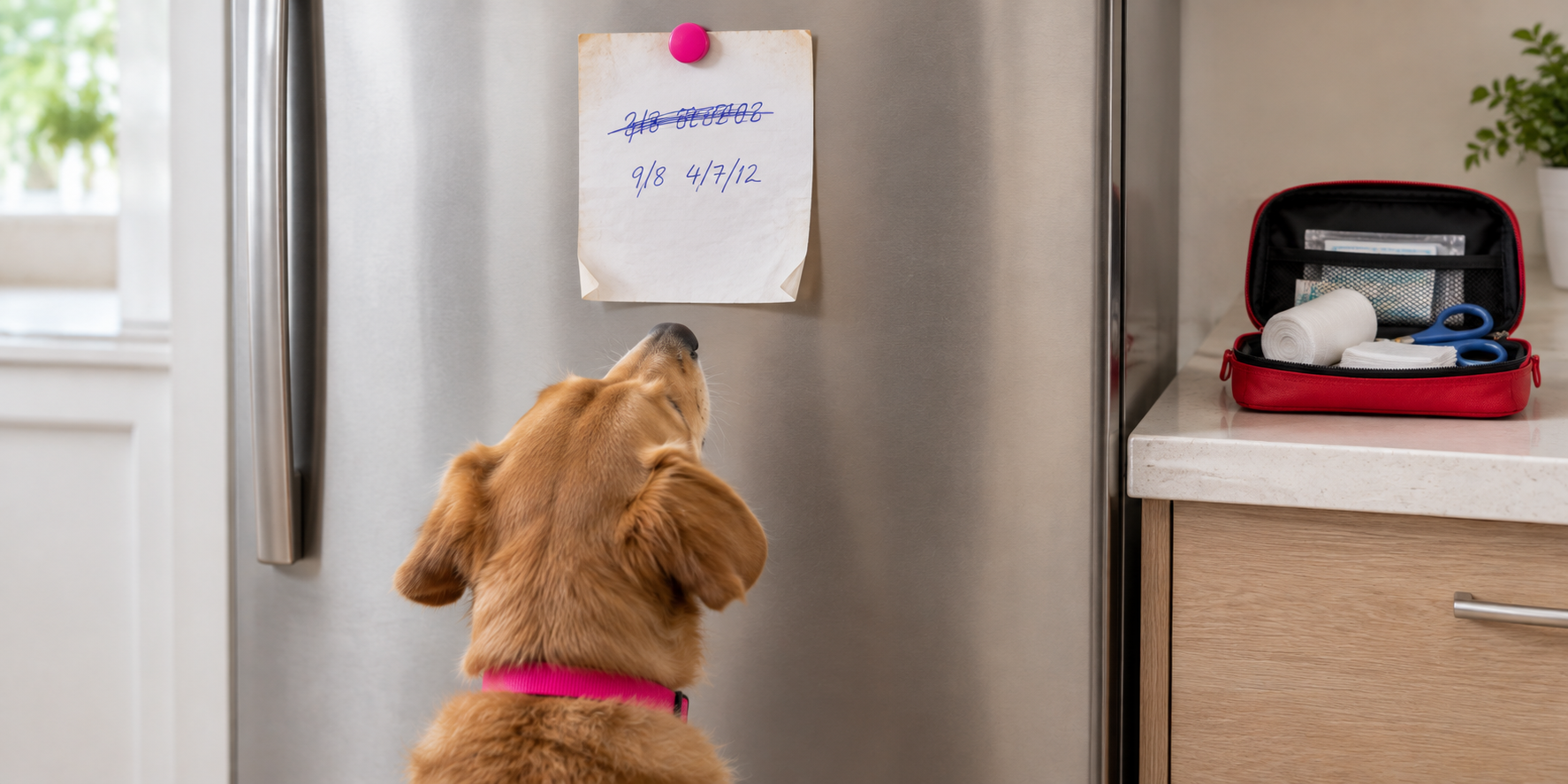 The numbers that should not live only in your phone Dog looking up at two handwritten emergency numbers on a refrigerator beside an open first aid kit