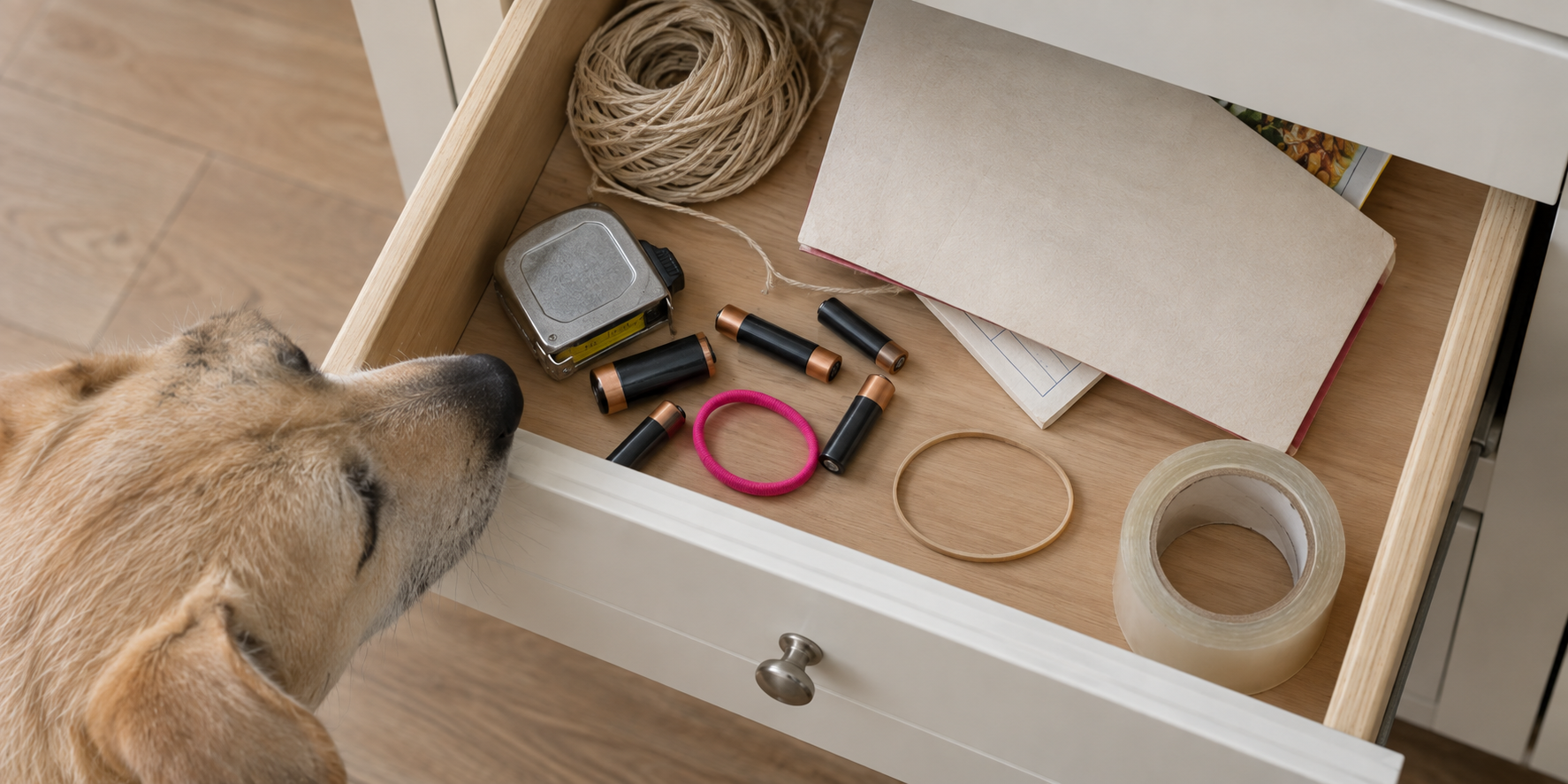 Vaccination card wedged in a kitchen drawer under menus and batteries, a dog nose at the open edge