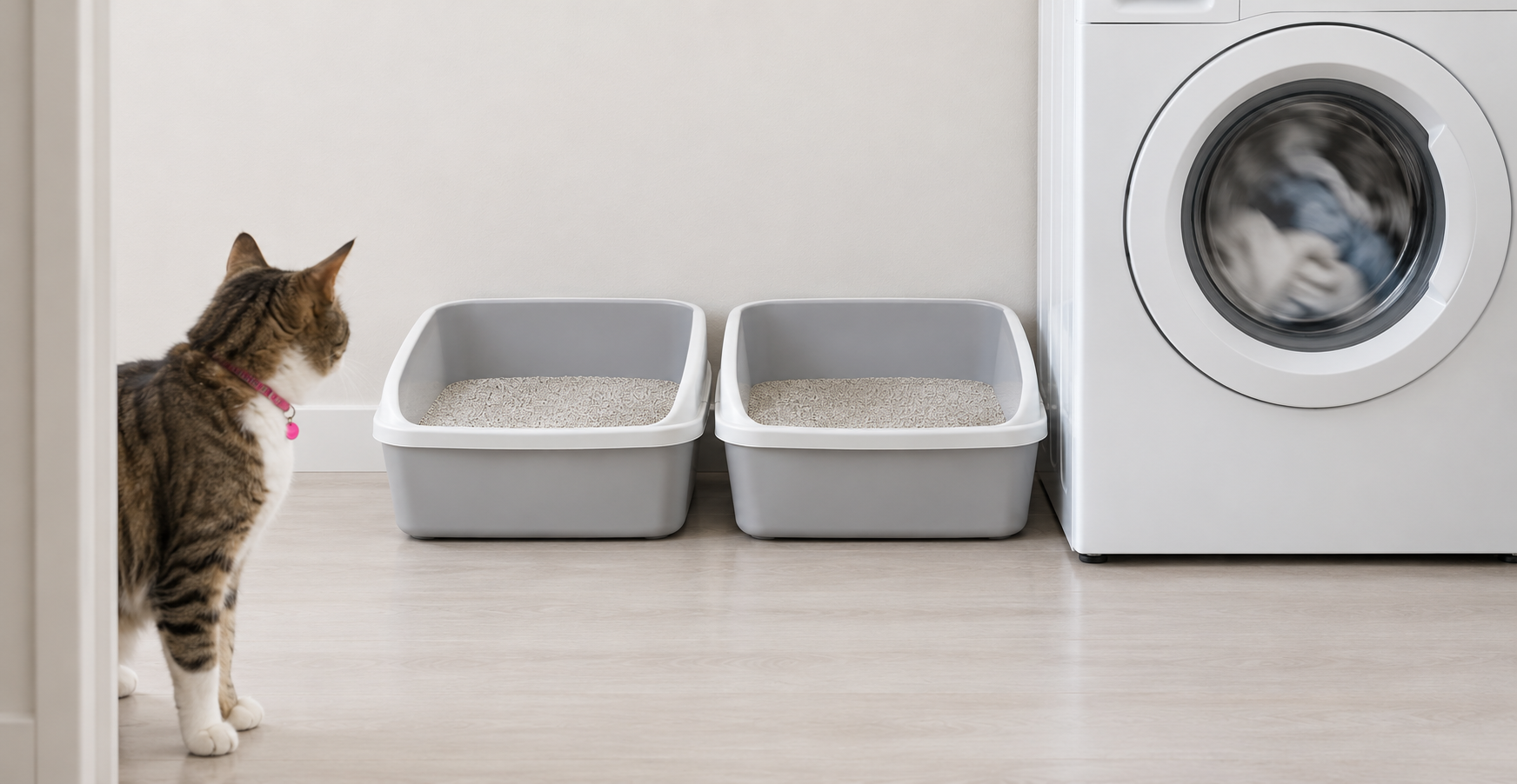 Two boxes with the same problem Two litter boxes pushed against a running washing machine, a cat stopped in the doorway