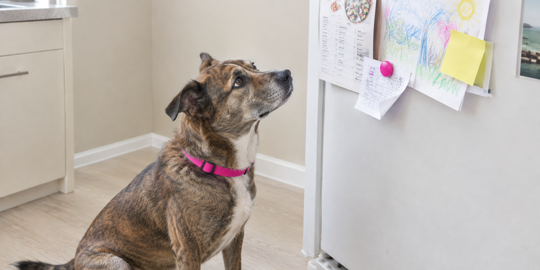 A dog looking up at a fridge where a reminder card is half buried under papers, headline Lasts About A Year