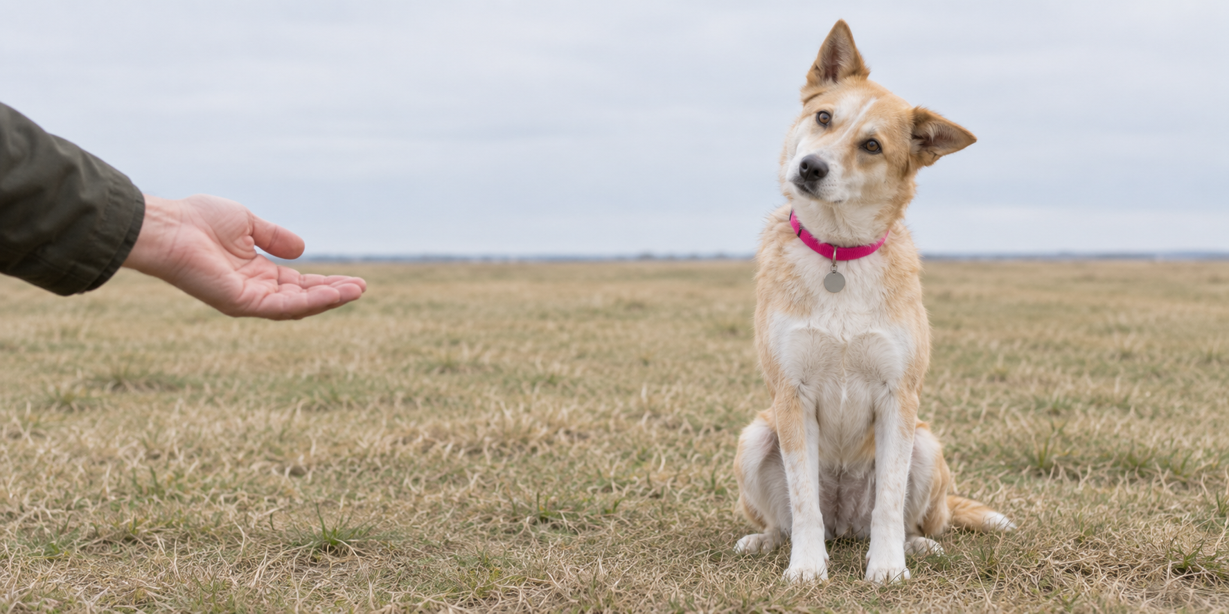 Dog stopped in a sit a few feet short of an outstretched hand, head tilted, waiting for the next word
