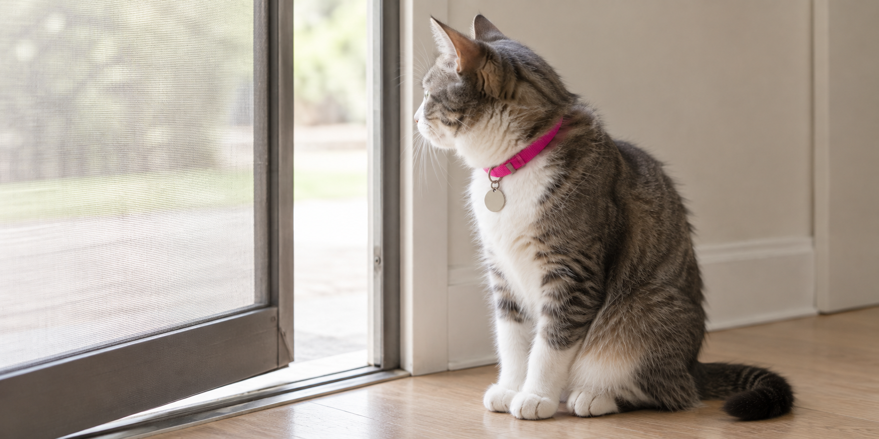 Paperwork for its own sake, until it is not Cat at a propped open screen door wearing a collar with a blank metal tag and nothing engraved