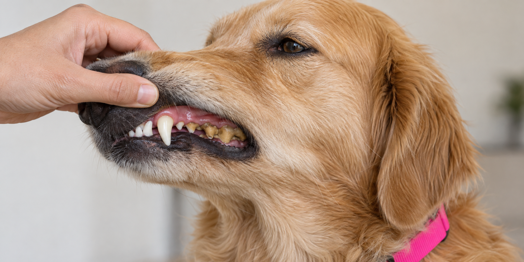 Why the front teeth tell you nothing A dog's lip lifted to show clean front teeth and heavy tartar starting at the back molars