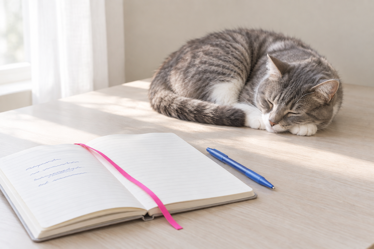 The change matters more than the nap count Open notebook with a few handwritten notes and a gray tabby asleep in sunlight behind it, headline Know Their Normal
