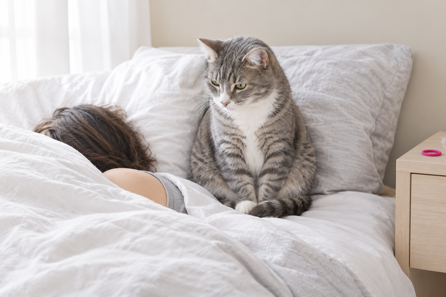 First light is their busy hour Gray tabby sitting up on the bed at first light beside a sleeping person, headline Awake At First Light
