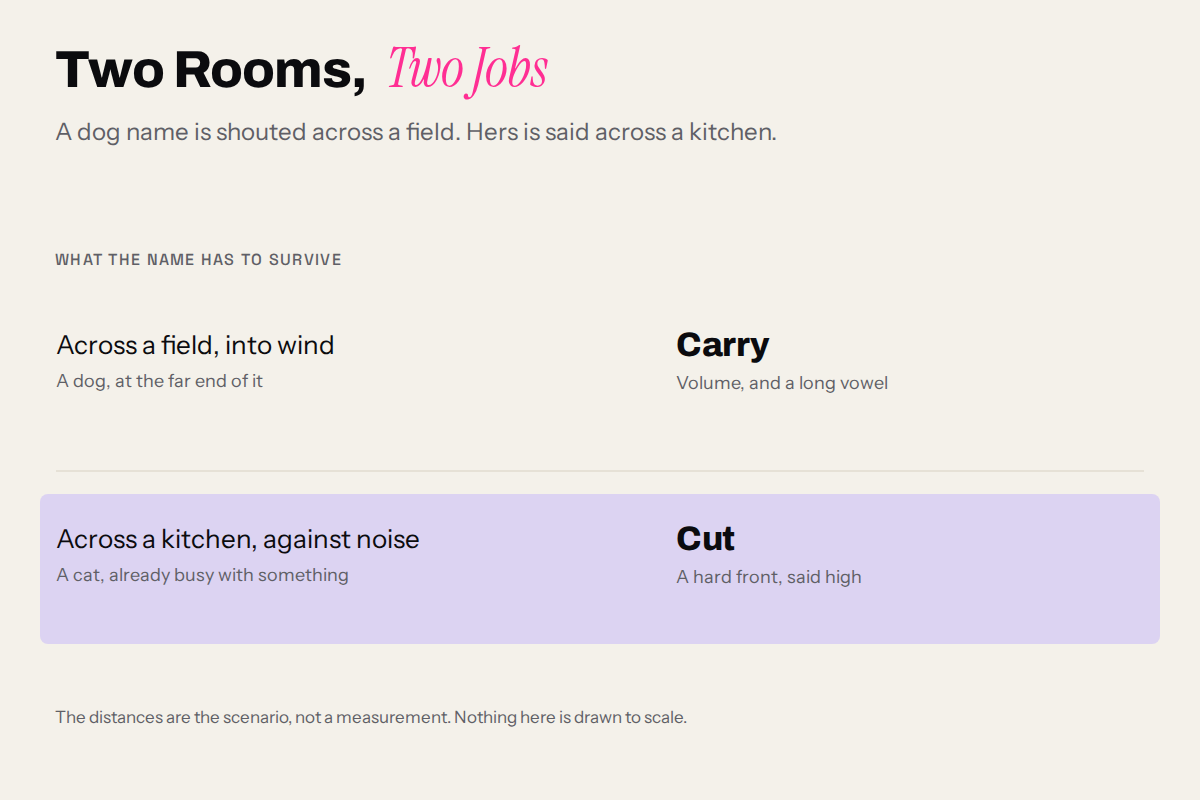 A two row comparison: across a field into wind a name needs carry, across a kitchen against noise it needs cut