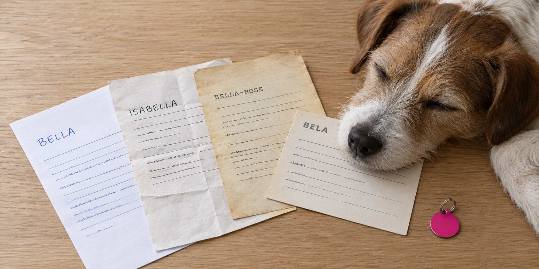 Four pet records fanned out, each spelling the same name differently across microchip, insurance, clinic and license