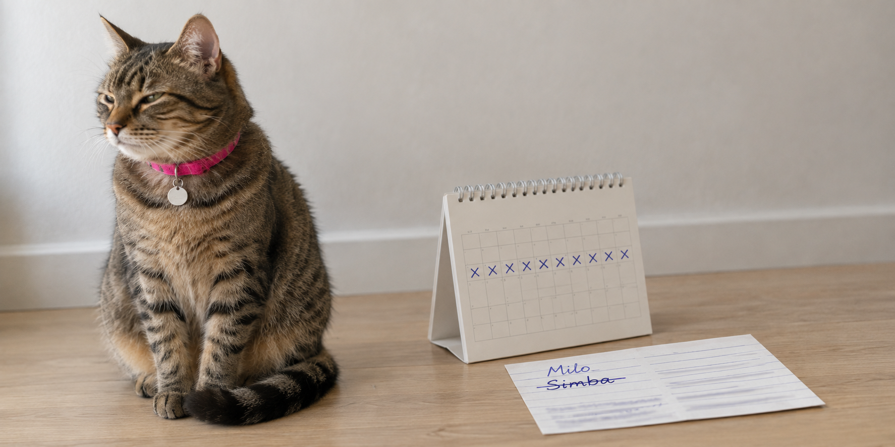 Shelter card with the old name struck out and a new one written above it, beside a notebook counting off two weeks
