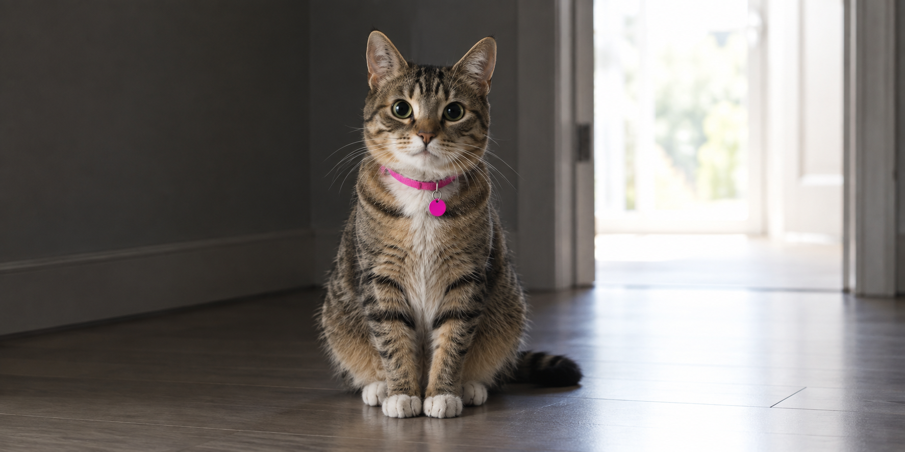 Cat sitting in a dim hallway with wide pupils, a brightly lit doorway visible behind