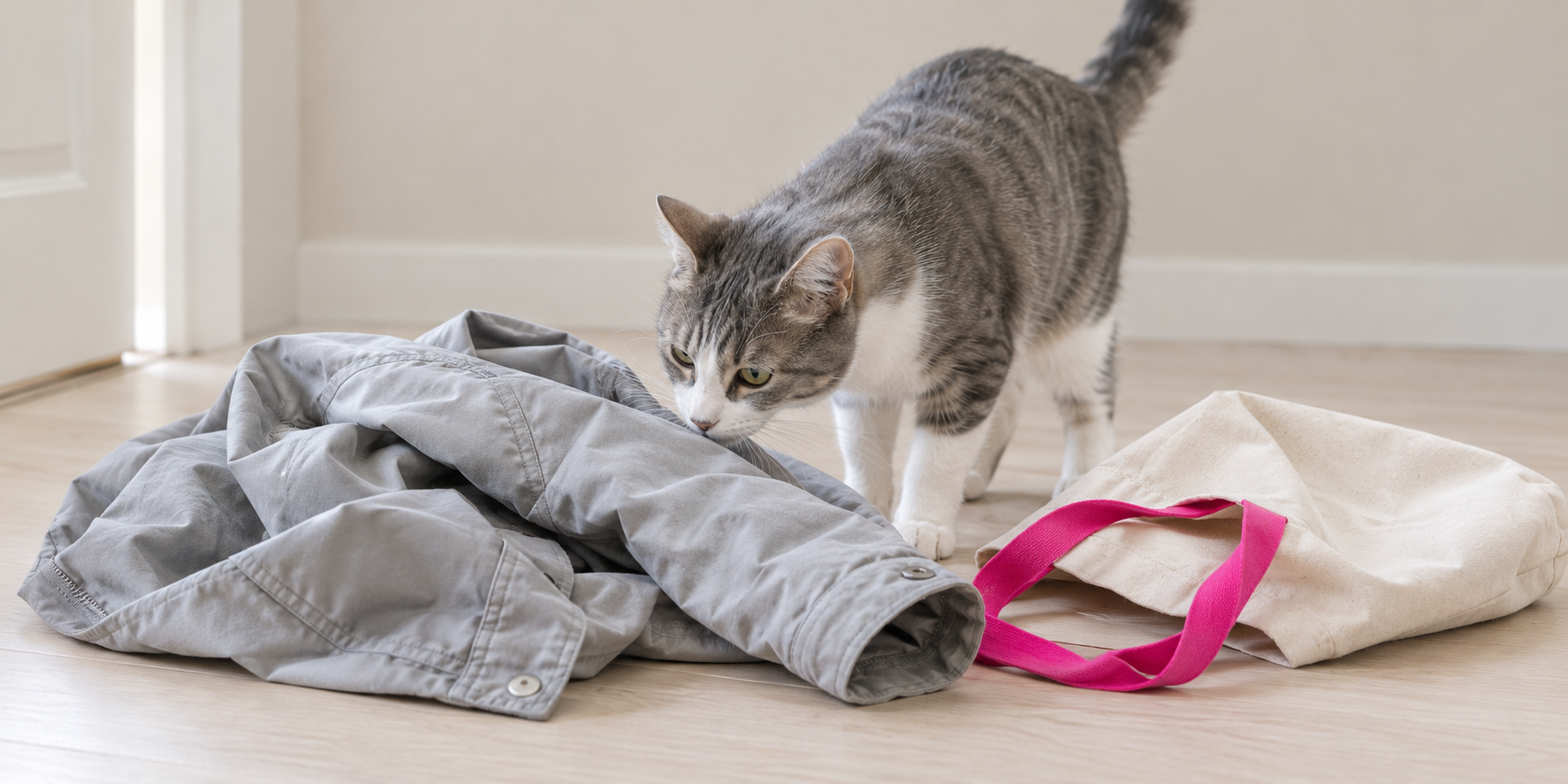 Gray and white cat sniffing a jacket and tote bag just set down inside the front door
