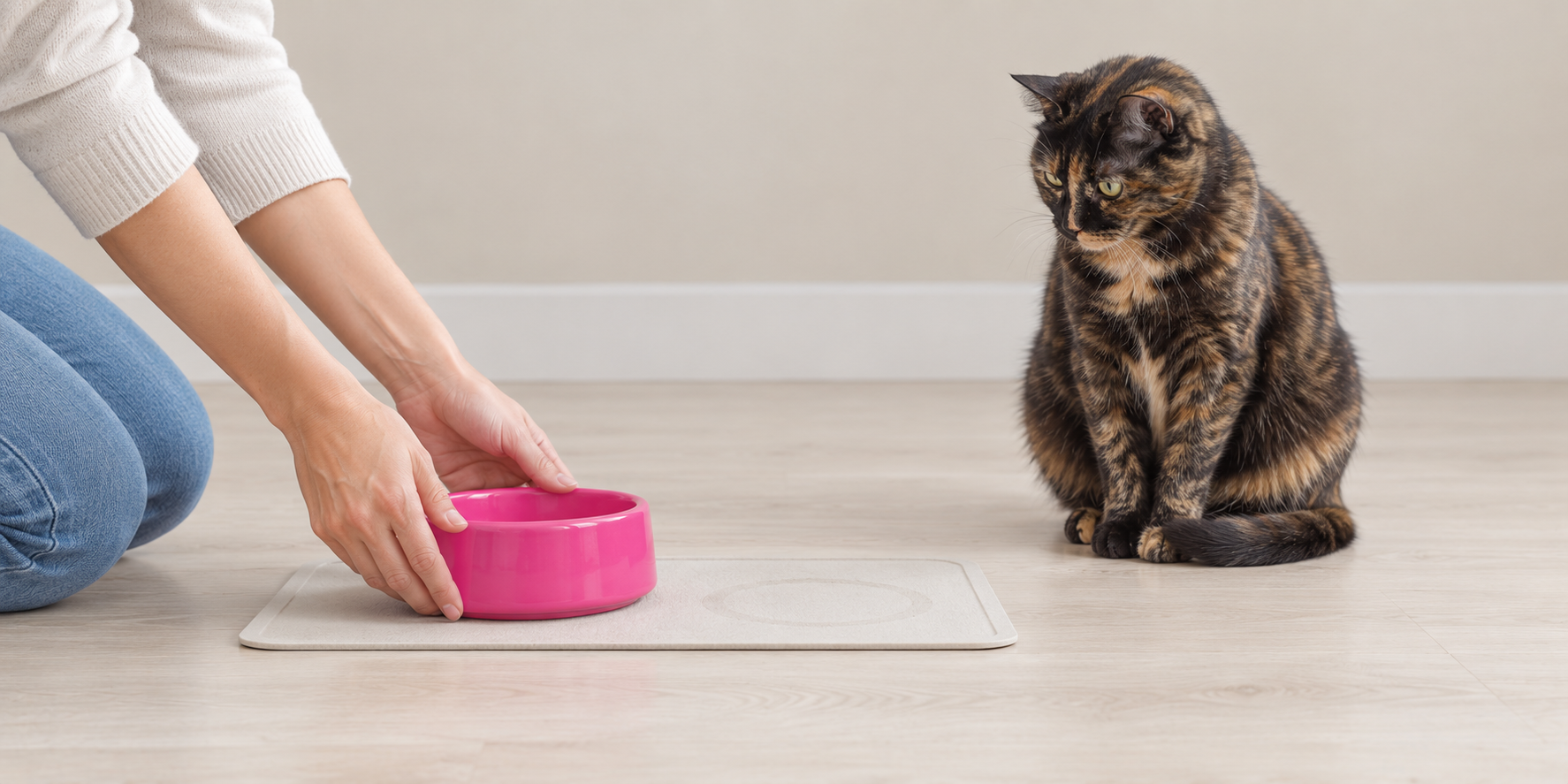 Same bowl, same mat, same time Hands setting a pink food bowl on its usual mat while a calm cat waits a step away