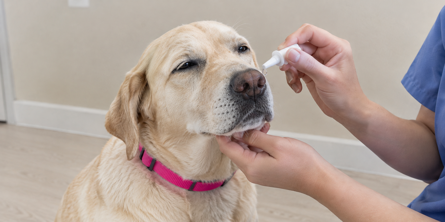 A technician giving a calm dog intranasal drops at the nostril, headline Nose Drops Usually Win