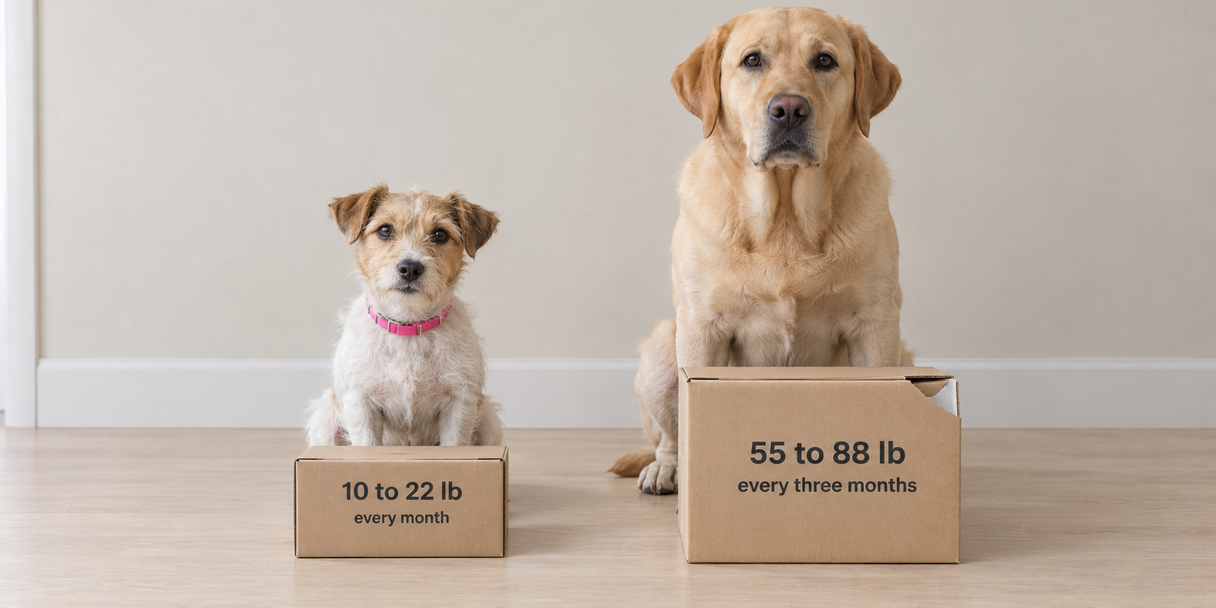 The box sets the interval, not the dog A terrier and a labrador sitting beside two preventive cartons whose weight bands do not overlap
