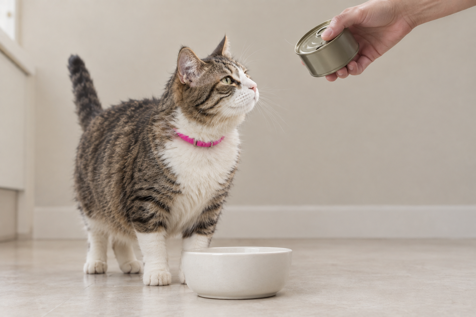 A cat already at an empty bowl, looking up toward a hand holding a can, before any food has been served