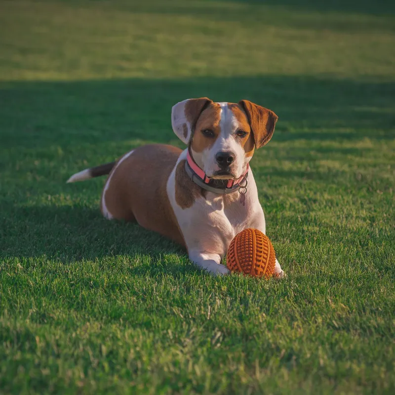 Beagle dog lying on grass with an orange toy ball, enjoying a sunny day outdoors.